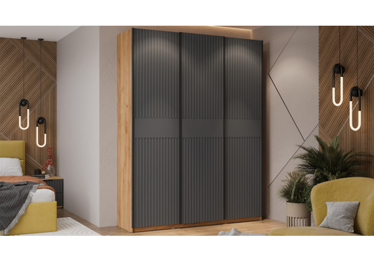 Шкаф-купе с 3 глухими дверями «Оскар Хилтон» Ручка черная, Дуб Крафт золотой, Графит матовый