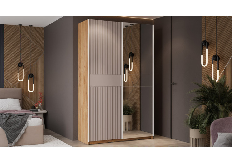 Шкаф-купе с 1 глухой и 1 зеркальной дверями «Оскар Хилтон» Ручка белая, Дуб Крафт золотой, Кашемир, Кашемир сатин