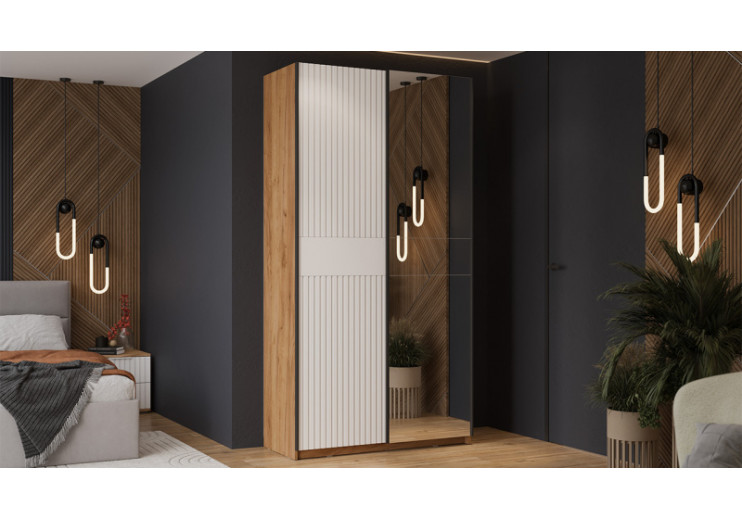 Шкаф-купе с 1 глухой и 1 зеркальной дверями «Оскар Хилтон» Ручка черная, Дуб Крафт золотой, Белый матовый