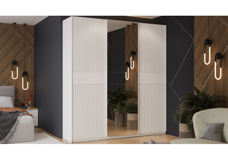 Шкаф-купе с 2 глухими и 1 зеркальной дверями «Оскар Хилтон» Ручка белая, Белый снег, Белый матовый