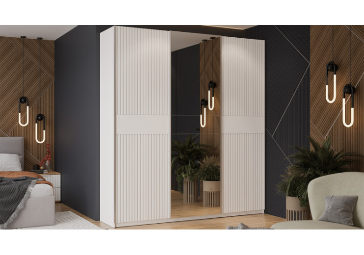 Шкаф-купе с 2 глухими и 1 зеркальной дверями «Оскар Хилтон» Ручка серебро, Белый снег, Белый матовый