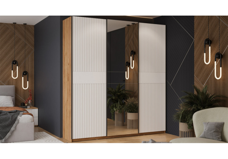 Шкаф-купе с 2 глухими и 1 зеркальной дверями «Оскар Хилтон» Ручка черная, Дуб Крафт золотой, Белый матовый