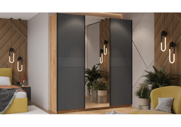 Шкаф-купе с 2 глухими и 1 зеркальной дверями «Оскар Хилтон» Ручка черная, Дуб Крафт золотой, Графит матовый