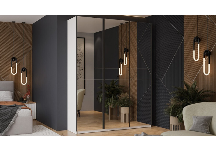 Шкаф-купе с 3 зеркальными дверями «Оскар» Ручка черная, Белый снег