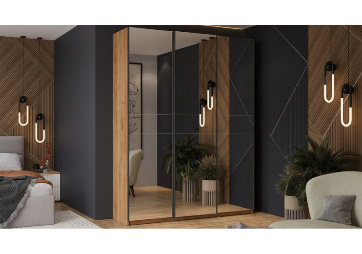 Шкаф-купе с 3 зеркальными дверями «Оскар» Ручка черная, Дуб Крафт золотой