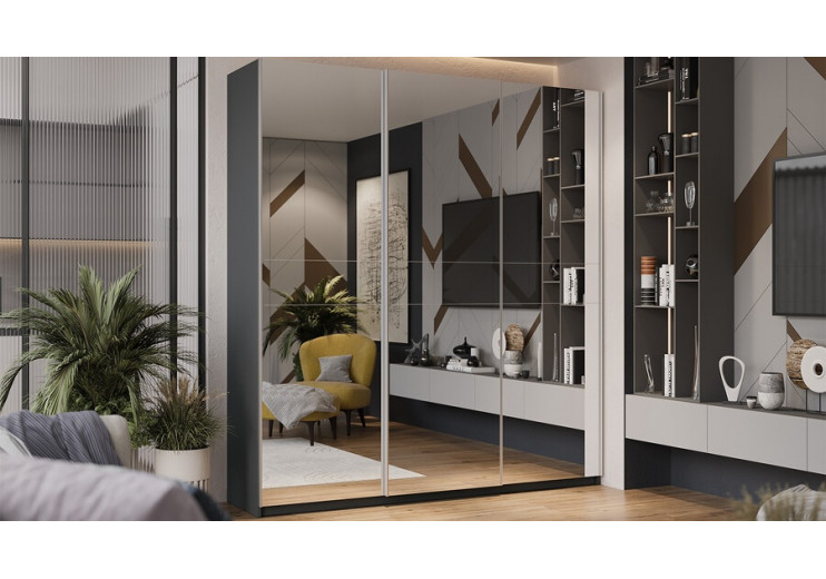 Шкаф-купе с 3 зеркальными дверями «Оскар» Ручка серебро, Серый графит