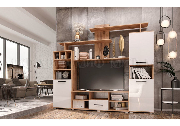  Гостиная Мини-2 (Белый глянец, дуб крафт)