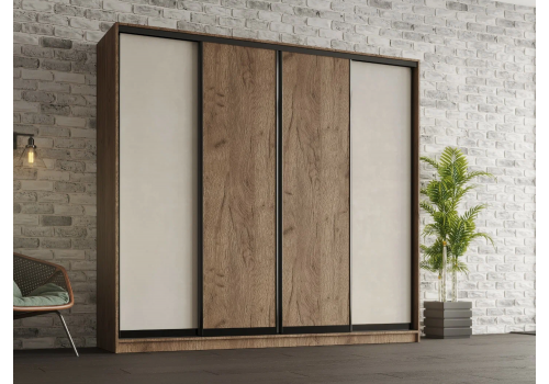 Шкаф купе 4 двери (дуб вотан, белый, профиль коньяк)